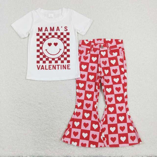 BT0445+P0324  mama's valentine letter smiley red plaid white short-sleeved top Love plaid jeans 2pcs