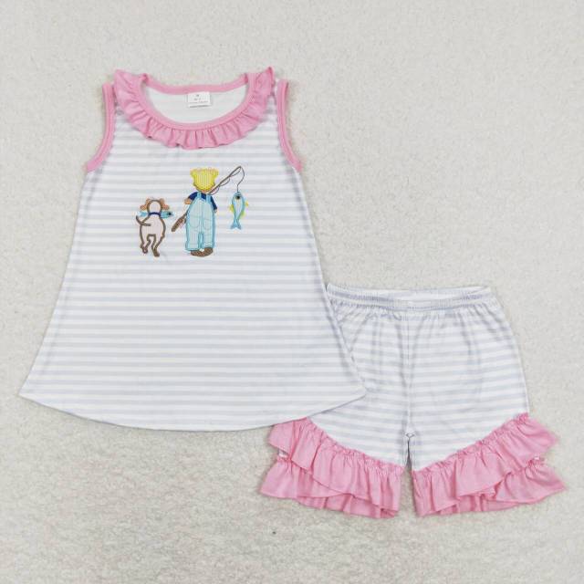 GSSO0412 Embroidery Fishing Girl Puppy Blue and White Striped Sleeveless Lace Shorts Set