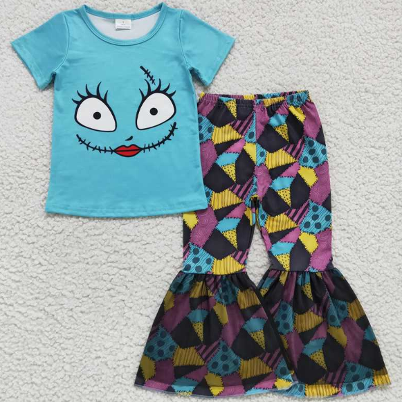 GSPO0821 sally cartoon smiling face blue short-sleeved patchwork black gauze trousers suit