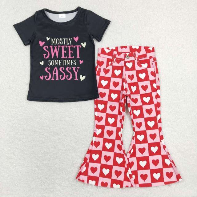 GT0422+P0324 mostly sweet sassy letter love black short sleeve top Love plaid jeans 2pcs