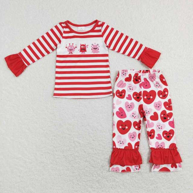 GLP1122 Cartoon red and white striped long-sleeved white pant suit with heart and smiley face