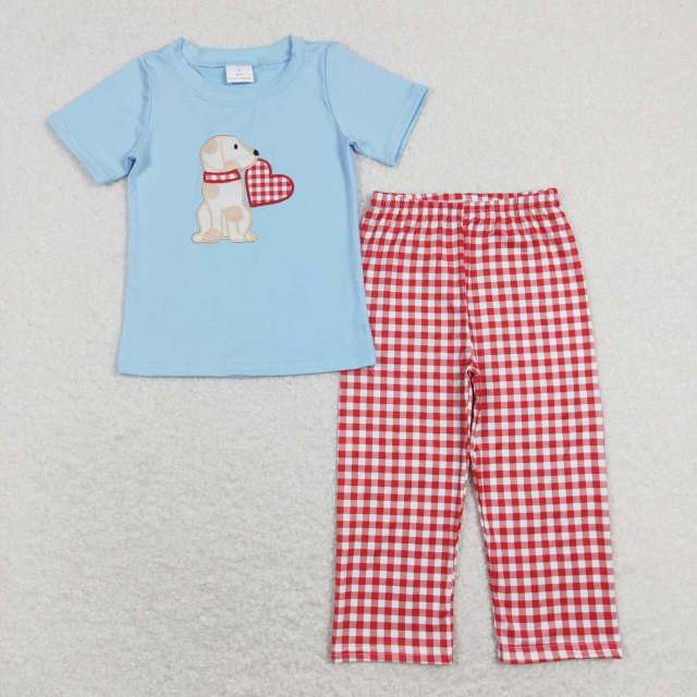 BSPO0269 Embroidered love puppy blue short-sleeved red and white plaid pants suit