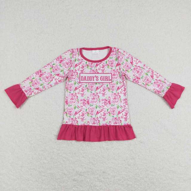 GT0402 daddy's girl embroidered letter flower rose red lace long-sleeved top