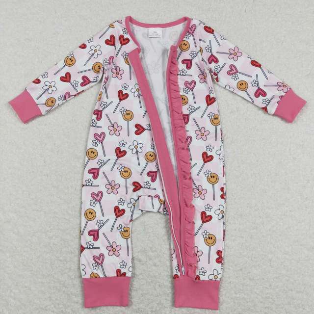 LR0884 Flowers, hearts, smiles, lollipops, pink and white plaid zipper long-sleeved jumpsuit