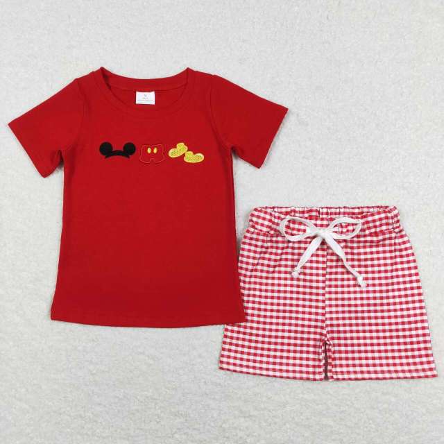 BSSO0416 Embroidery Mickey clothes red short-sleeved plaid shorts suit