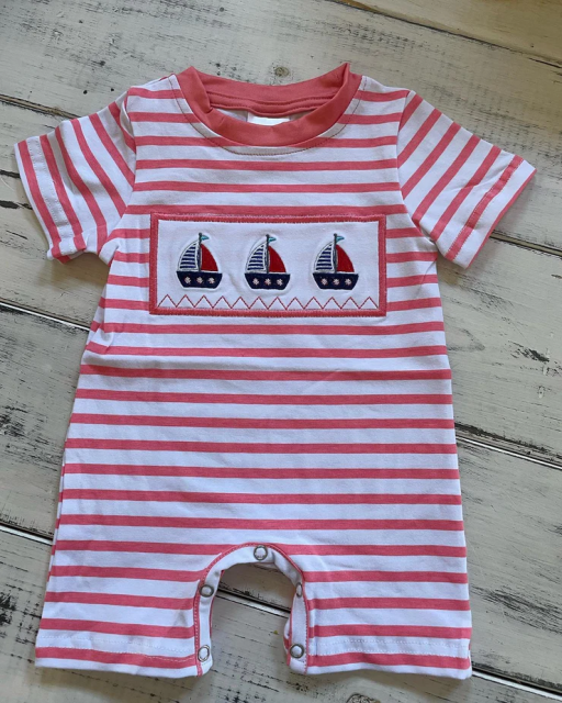 SR1028 pre-order baby girl clothes sailboat 4th of July patriotic girl summer romper