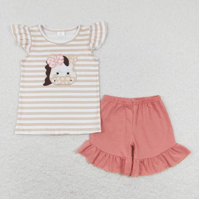 GSSO0423 Embroidered bow pony brown and white striped short-sleeved pink shorts suit