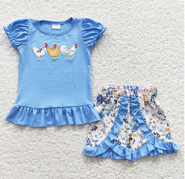 GSSO0211 Girls Embroidered Rooster Blue Short Sleeve Shorts Set