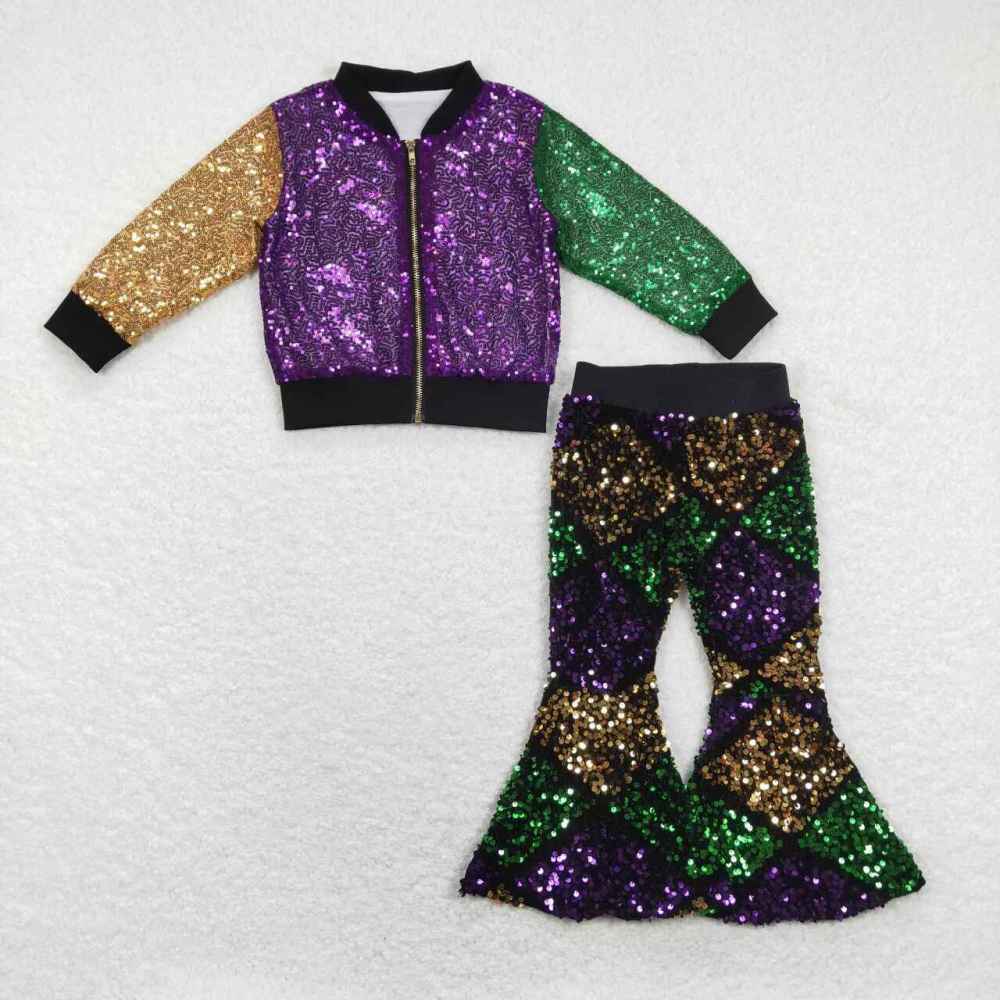 BT0451 +P0359 Carnival Purple Yellow Green Sequin Zip Jacket diamond plaid sequins pants 2 pieces suit