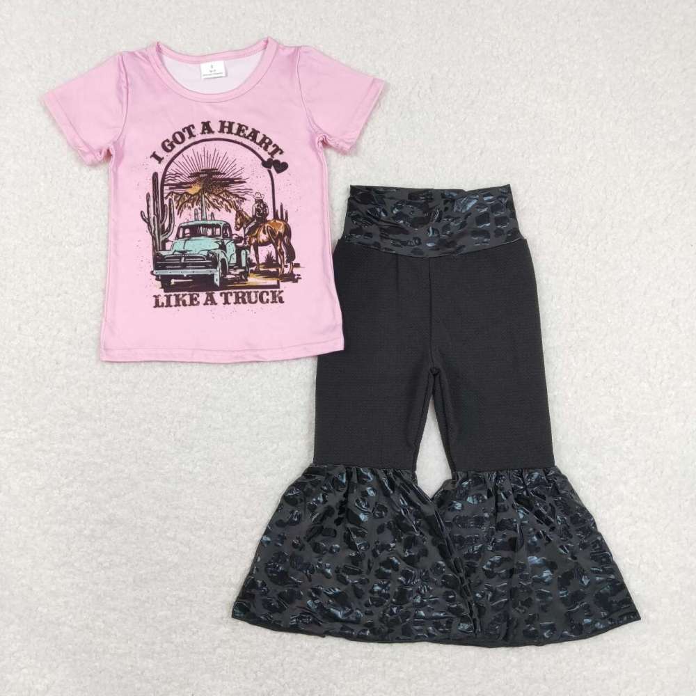 GT0406+P0221 I got a heart like a truck riding truck pink short sleeve top  Leopard print flared black pants 2 pieces suit