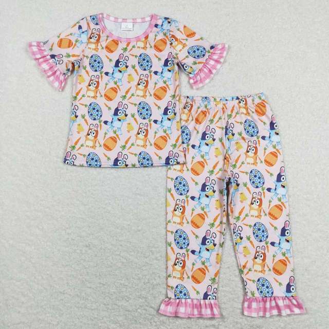 GSPO1253 Cartoon dog bluey carrot Easter egg pink plaid lace short-sleeved pants suit