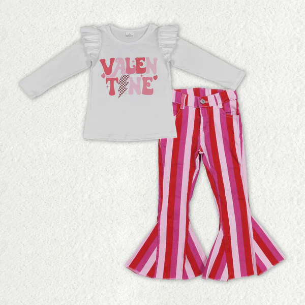 GT0440 + P0043 valentine letter lightning lace long-sleeved top Light pink dark pink red striped denim pants jeans 2 pics suit