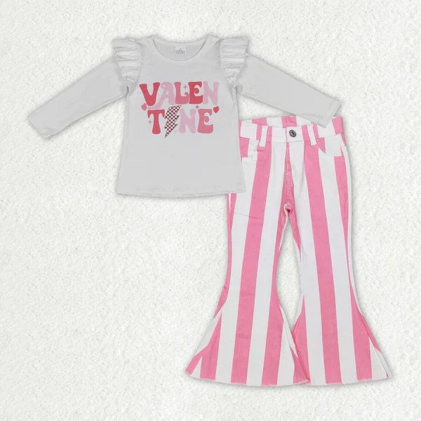 GT0440  +P0315 valentine letter lightning lace long-sleeved top Pink and white striped denim jeans pants 2 pieces suit