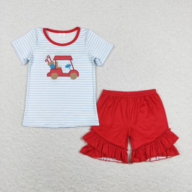 GSSO0432 Embroidered Golf Sightseeing Car Blue and White Striped Short Sleeve Red Shorts Suit