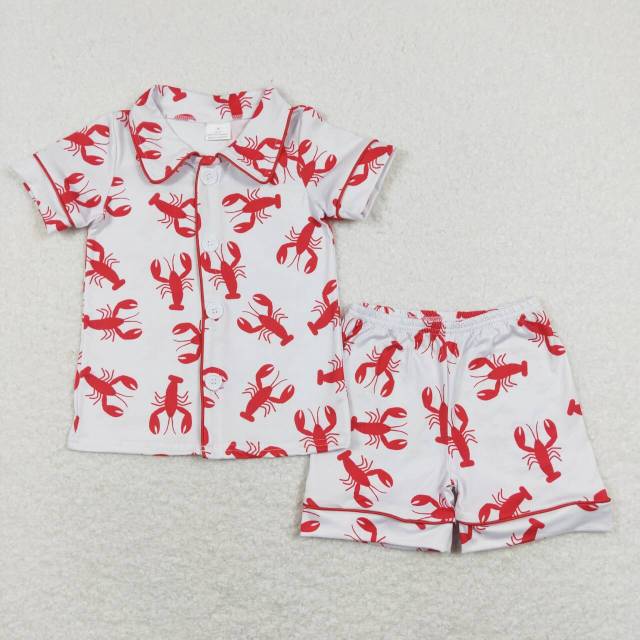 BSSO0390 Red Crayfish Button Short Sleeve Shorts Set