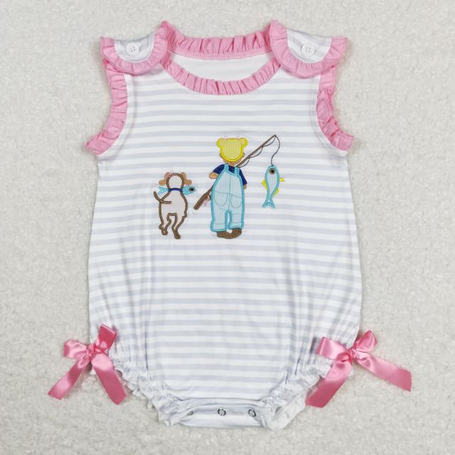 SR0643 Embroidery Fishing Girl Puppy Blue White Stripes Pink Lace Vest Jumpsuit