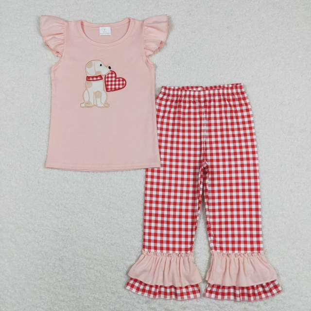 GSPO1161 Embroidered love puppy pink flying sleeve lace red and white plaid pants suit