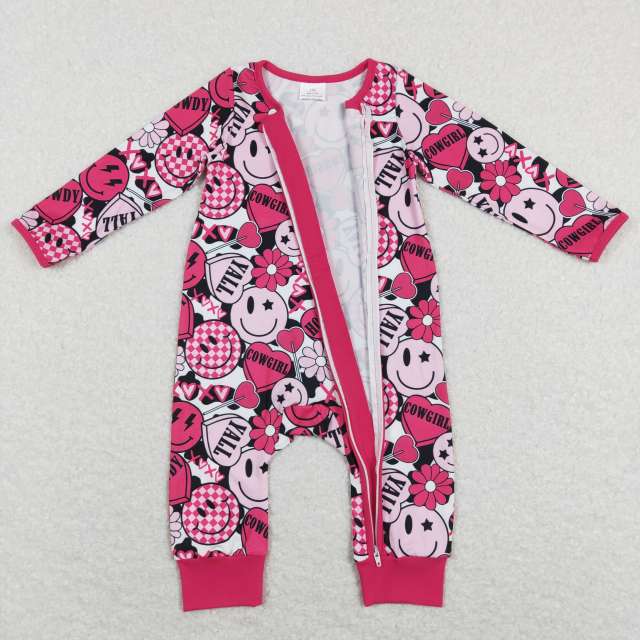 LR0896 xoxo cowgirl smiley face love cow pattern rose red zipper long-sleeved jumpsuit