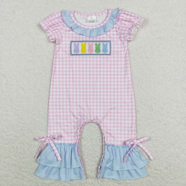 SR0689 Embroidered colorful bunny blue lace pink and white plaid shorts jumpsuit