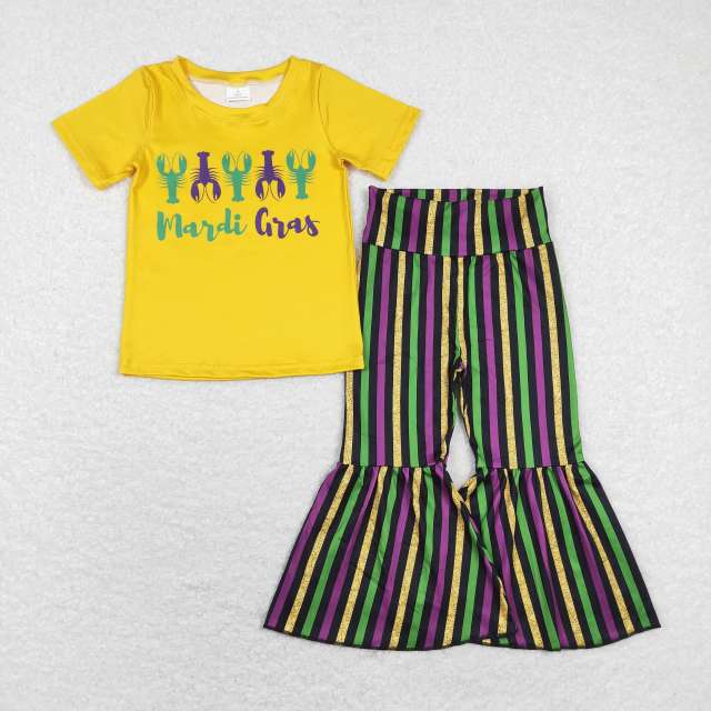 BT0502 +P0405 mardi gras crayfish yellow short-sleeved top Purple green black gold stripes pants 2 pics suit