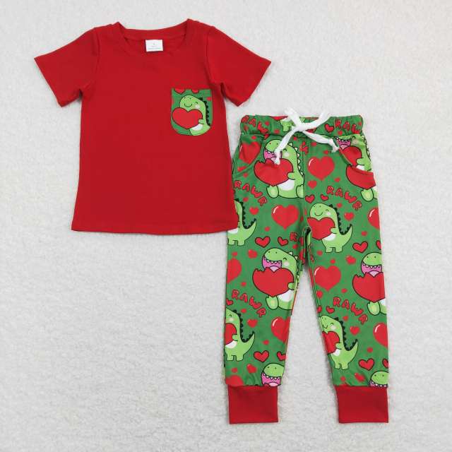 BSPO0229 rawr love dinosaur pocket red short-sleeved green pants Set