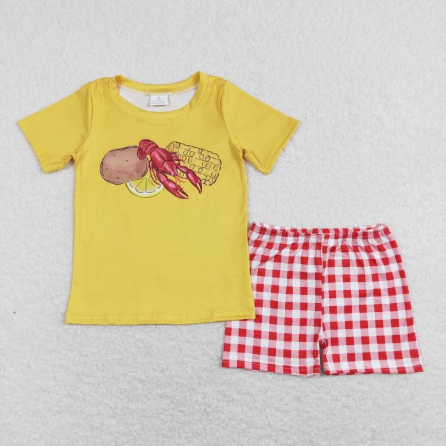 BSSO0438 Potato Crayfish Corn Yellow Short Sleeve Red and White Plaid Shorts Suit