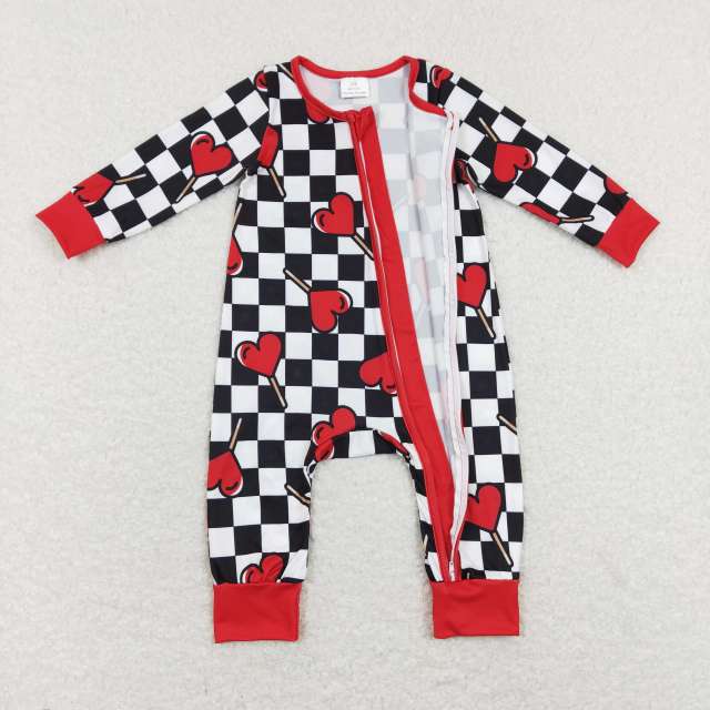 LR0856 Red love lollipop black and white plaid red zipper long-sleeved jumpsuit
