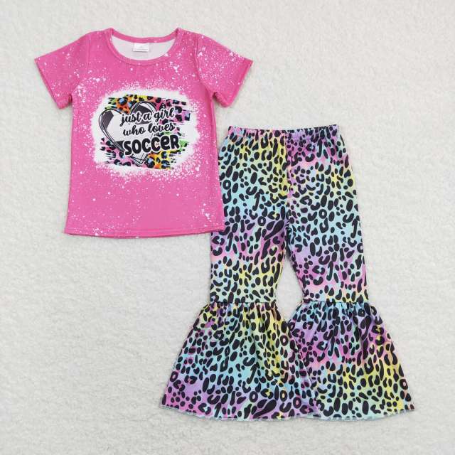 GSPO1273 Rose pink short-sleeved leopard print trousers suit with soccer letters and hearts