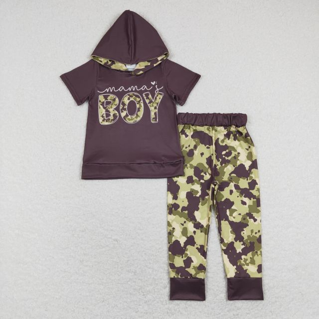 BSPO0274 boy letter brown hooded short-sleeved camouflage pants suit