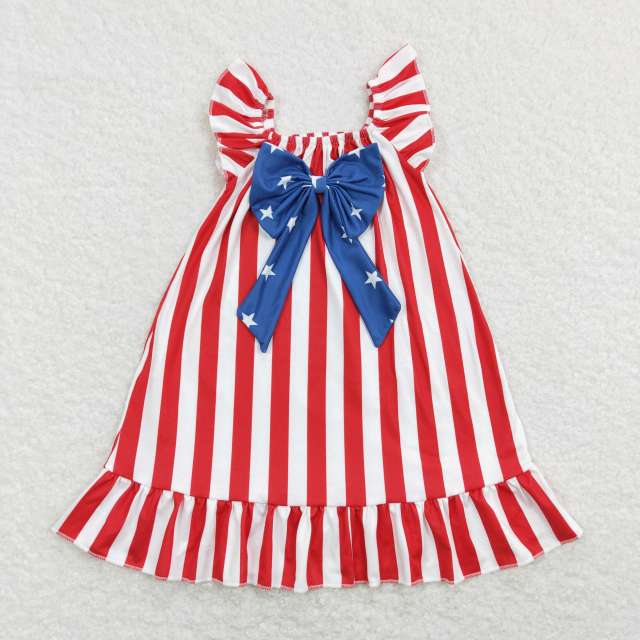 GSD0675 Star navy blue bow red and white striped short-sleeved dress