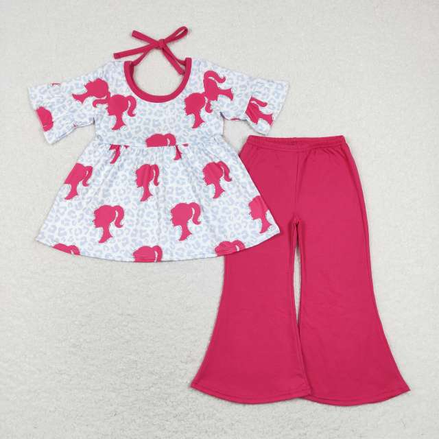 GSPO1187 barbie avatar leopard print short sleeve rose red pants set