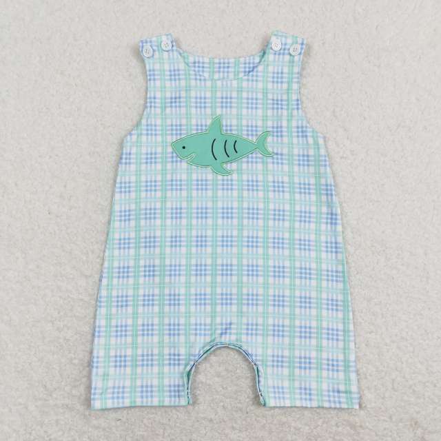 SR0651 Embroidered Shark Teal Plaid Suspender Bodysuit