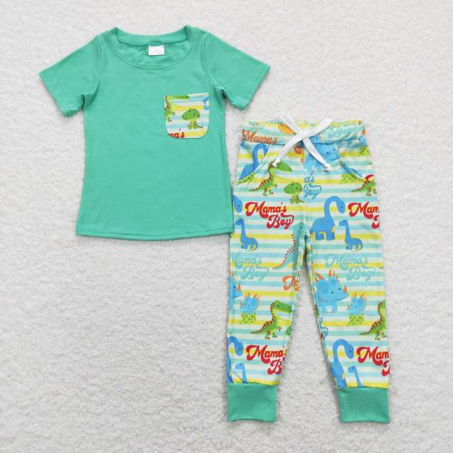 BSPO0204 mama's boy dinosaur pocket short sleeve green and yellow striped pants suit