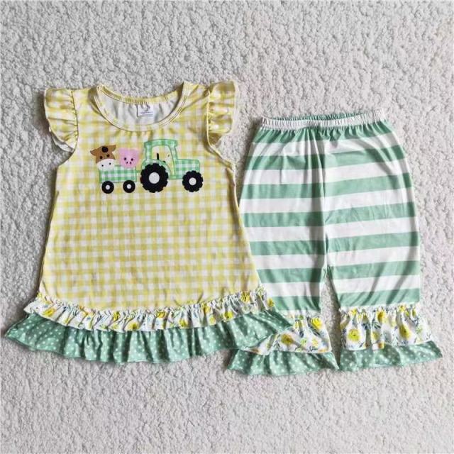 D9-12 Pig Cow Green Truck Flying Sleeves Striped Pattern Pants