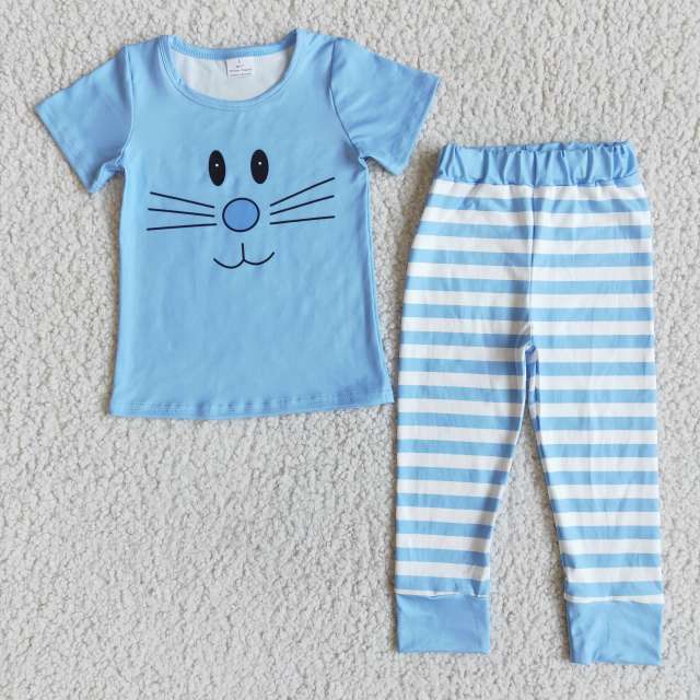 D7-5 Boys Cartoon Cat Blue Short Sleeve Pants Suit