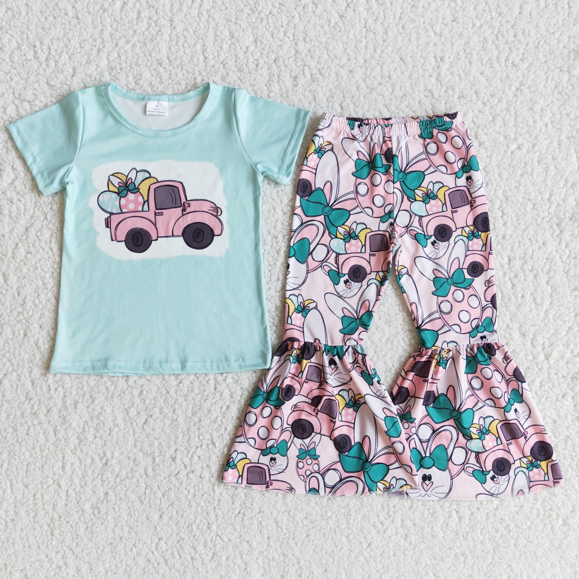 E10-14 Easter Blue Short Sleeve Flared Pants Suit