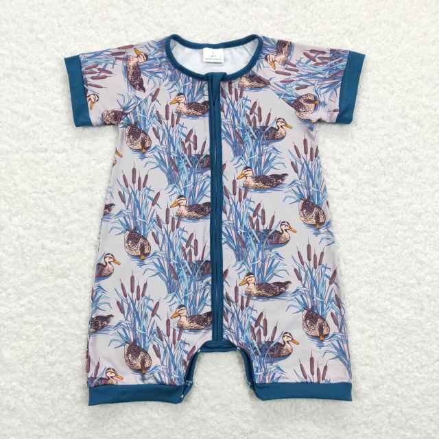 SR0802 Duck Pu stick blue zipper short-sleeved jumpsuit