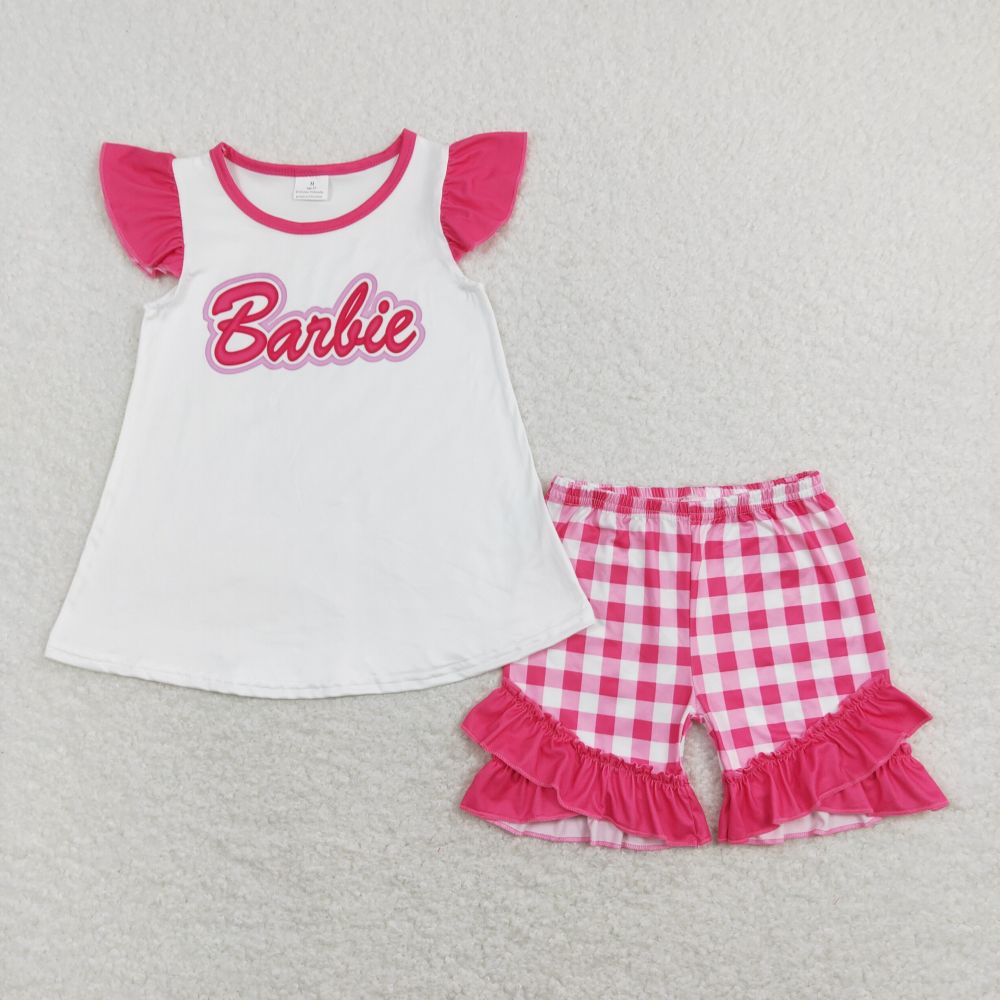GSSO0477 barbie letter white flying sleeves pink and white plaid lace shorts suit