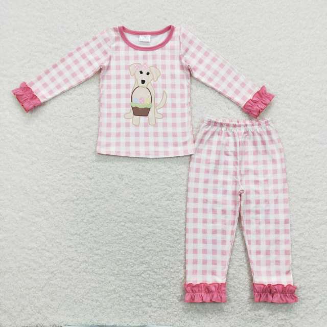 GLP1036 Egg Basket Puppy Pink Plaid Lace Long Sleeve Pants Suit