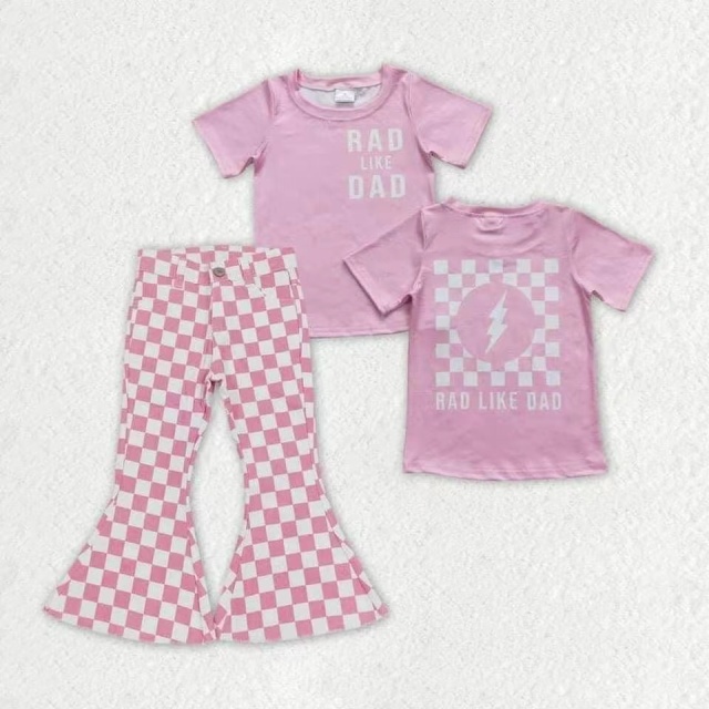 GT0309  rad like dad letter lightning plaid pink short-sleeved top