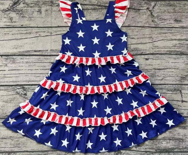 Pre-order baby girl clothes 4th of July navy boue stars flying sleeve dress