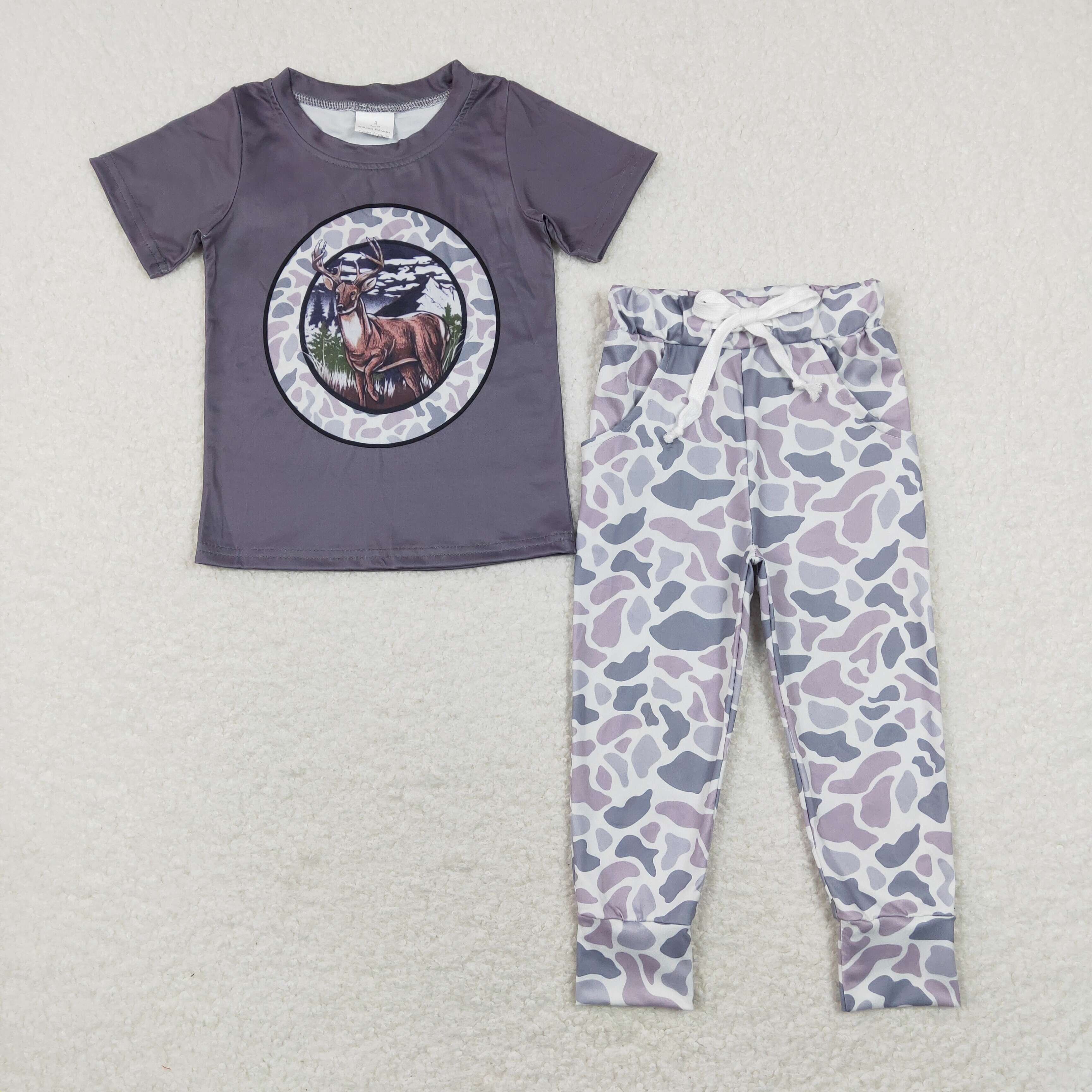 BT0464 + P0420 Elk camouflage dark gray short-sleeved top gray green pants 2 pics suit