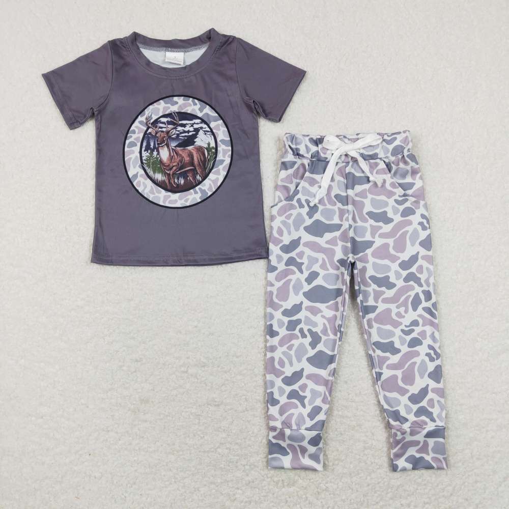 BT0464 + P0420 Elk camouflage dark gray short-sleeved top gray green pants 2 pics suit