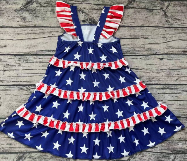 Pre-order baby girl clothes 4th of July navy boue stars flying sleeve dress