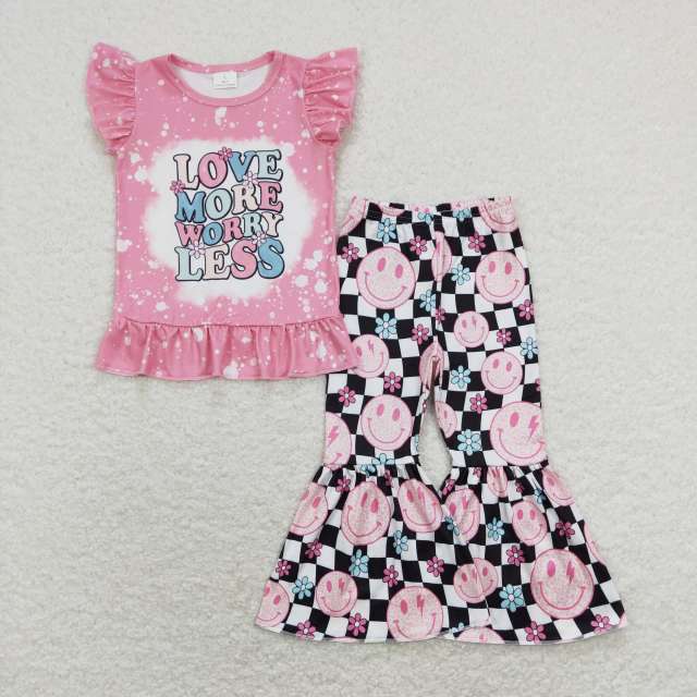 GSPO1311 love more worry less letter pink short-sleeved smiley face pattern pants set