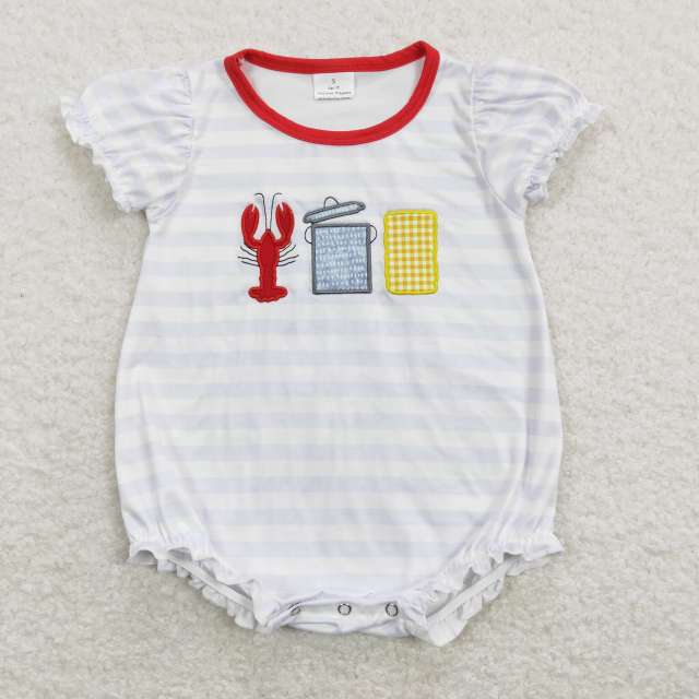 SR0743 Embroidered crayfish corn striped white lantern sleeve short sleeves romper