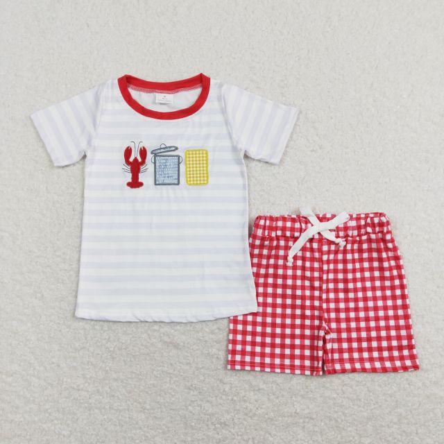 BSSO0419 Embroidered crayfish corn striped short-sleeved red and white plaid shorts suit