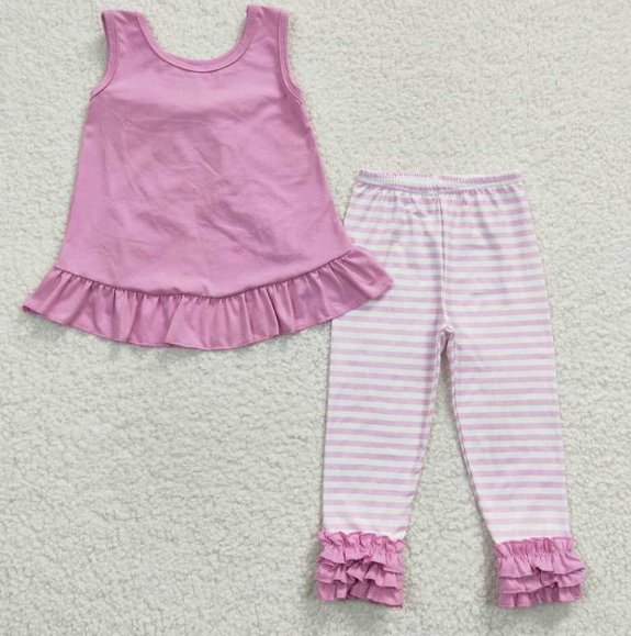 GSPO0507  Girls Pink Lace Stripe Tank Top Trousers Set