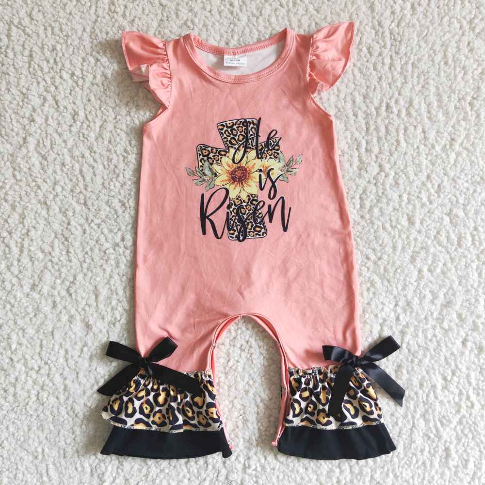 EC0002 Easter cross orange leopard print crawl suit