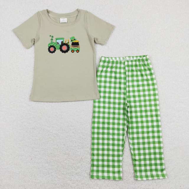 BSPO0276 Embroidery tractor gray green green and white plaid short-sleeved pants suit